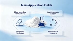 Application fields of Inositol Nicotinate, lipid-lowering formulations, cardiovascular support, peripheral circulation, biochemical research