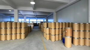 Bulk warehouse storage of Pyridoxal 5'-Phosphate PLP packed in standard fiber drums, large stock for global export
