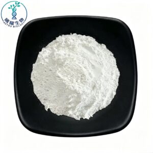 Off-white fine powder Pyridoxal 5'-Phosphate PLP CAS 41468-25-1, high purity pharmaceutical grade raw material displayed on black plate