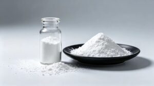 Close-up detail of high purity white crystalline Pyridoxine Hydrochloride Vitamin B6 HCl powder, fine texture displayed on glass plate, USP FCC bulk raw material