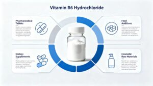 Pyridoxine Hydrochloride Vitamin B6 HCl CAS 58-56-0 four main application industries: pharmaceutical tablets, dietary supplements, animal feed, cosmetic raw materials