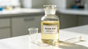  Pyruvic Acid CAS 127-17-3 pale yellow transparent liquid in glass reagent bottle, lab sample photo for pharmaceutical and fermentation raw material 