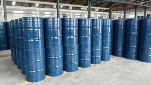 Pyruvic Acid bulk packaging blue steel drums, export goods stored in factory warehouse
