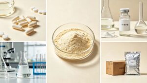 Multi-scene collage of (R)-Lipoic Acid: supplement capsules, lab testing, raw powder, sample foil bag and export carton