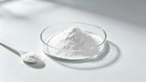 Sulbutiamine powder in glass petri dish with lab glassware, high liposoluble vitamin B1 derivative bulk raw material
