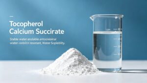 Water solubility test demonstration of Tocopherol Calcium Succinate CAS 14638-18-7, easily dissolved in water for solid beverage and water-soluble tablet formulations