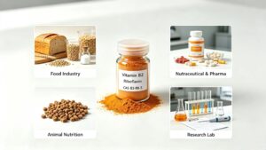 Vitamin B2 Riboflavin applications for food industry, nutraceutical pharma, animal nutrition and research lab