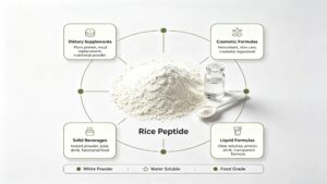  Rice peptide B2B application infographic for dietary supplements, cosmetics, solid beverages and liquid formulas 
