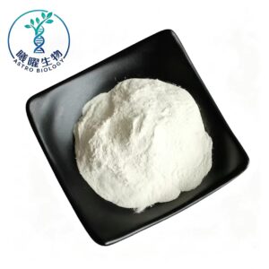High purity white rice peptide powder on black plate, food‑grade raw ingredient 