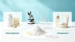 Sea cucumber peptide application infographic: dietary supplement, functional food, cosmetic raw material 